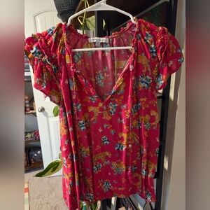 Rose & Olive Pink Ruched Ruffled Blouse